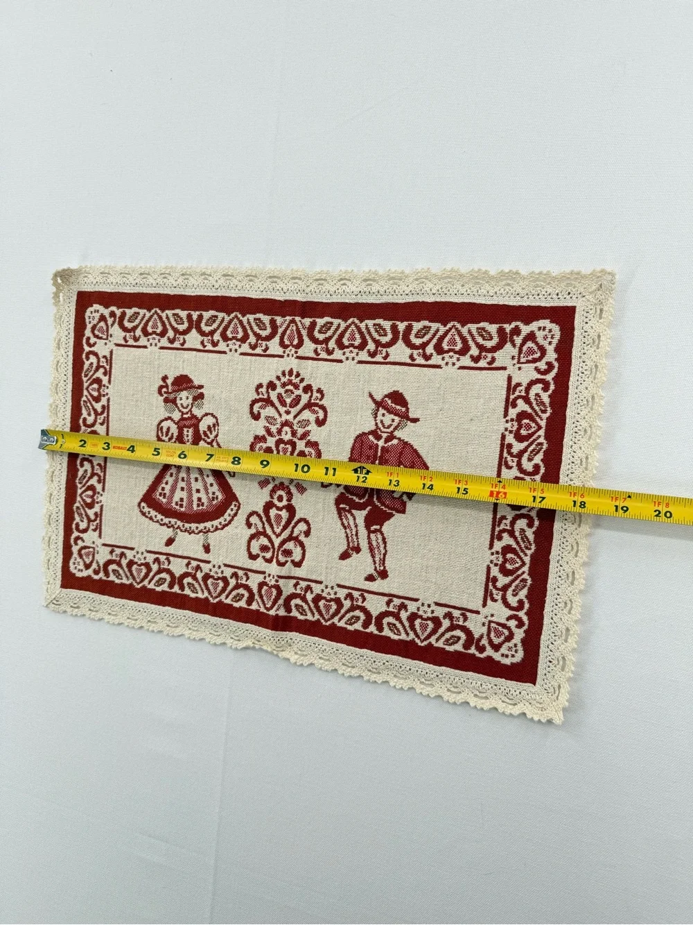 Vintage European Folk Art Table Mat Red Cream Lace Trim Alpine Couple